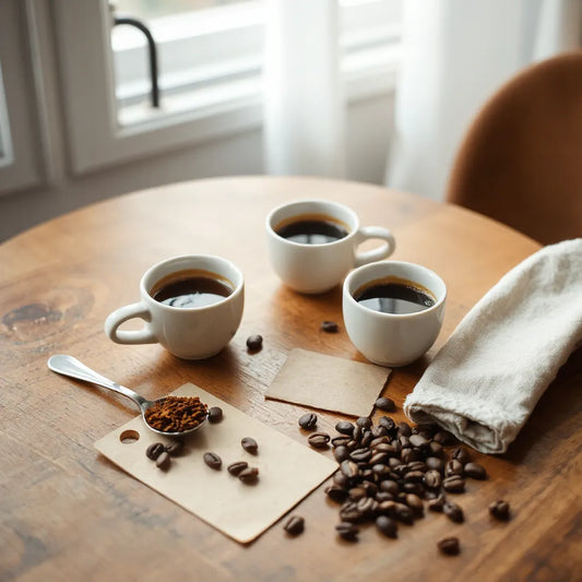 Three cups of freshly brewed coffee with visible color differences and scattered coffee beans on a wooden table