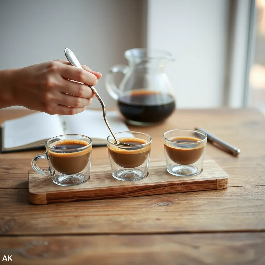 Small cups of brewed coffee with a spoon and warm natural lighting on a minimalist table