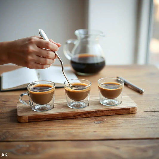 Small cups of brewed coffee with a spoon and warm natural lighting on a minimalist table