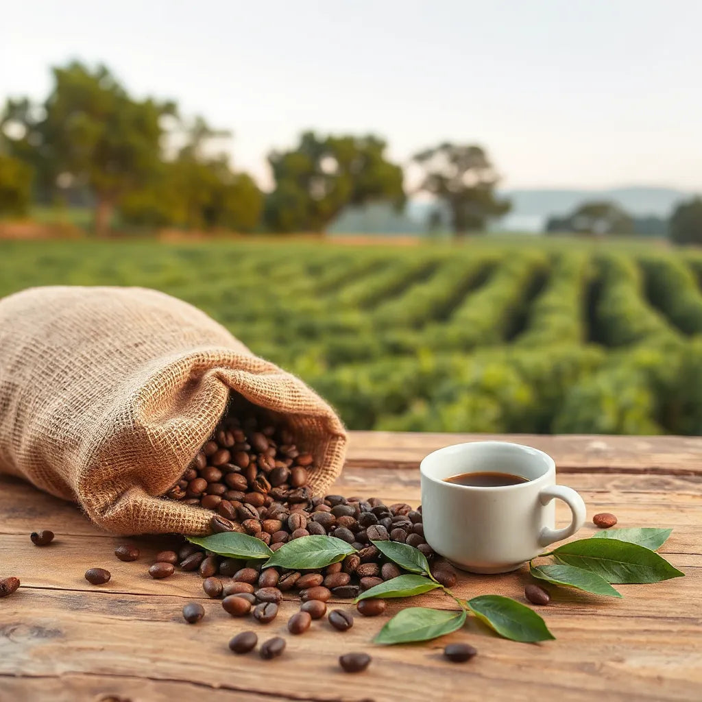 Burlap coffee sack and beans beside a cup with green coffee leaves and a softly blurred coffee farm behind