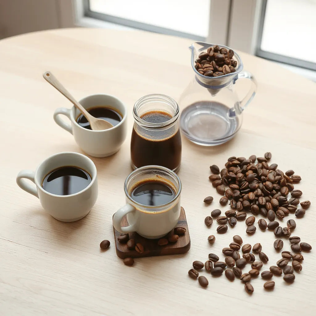Three cups of different coffee blends with a small carafe and scattered coffee beans on a wooden table