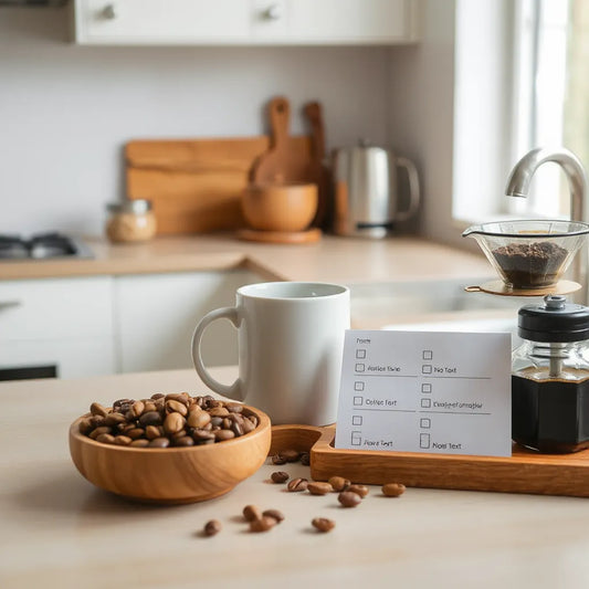 Coffee mug and beans beside a blank customization planner on a bright kitchen counter