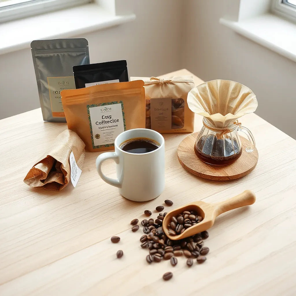 Assorted premium coffee gift items with a mug of coffee, beans, and brewing tools on a wooden table.