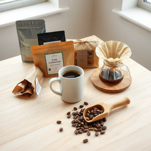 Assorted premium coffee gift items with a mug of coffee, beans, and brewing tools on a wooden table.