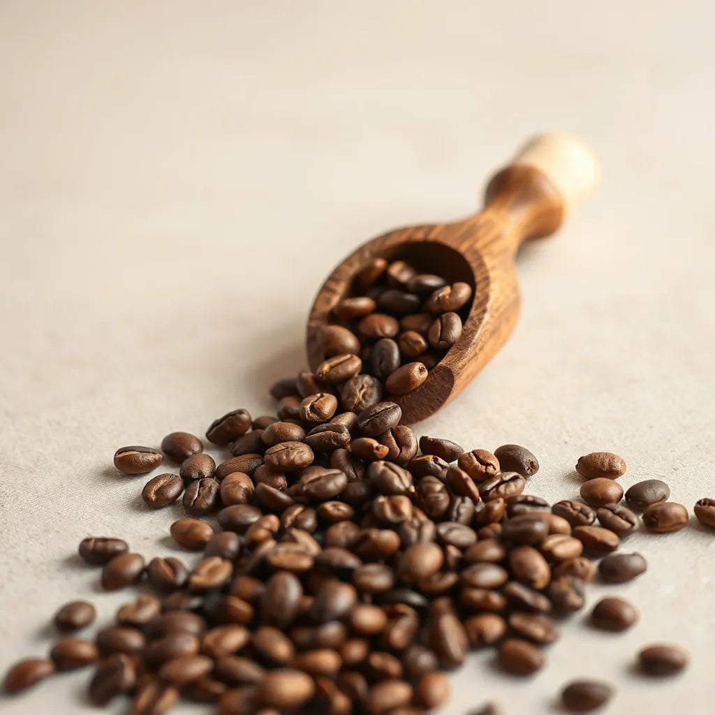 Freshly roasted coffee beans in a wooden scoop on a light neutral background with soft natural lighting