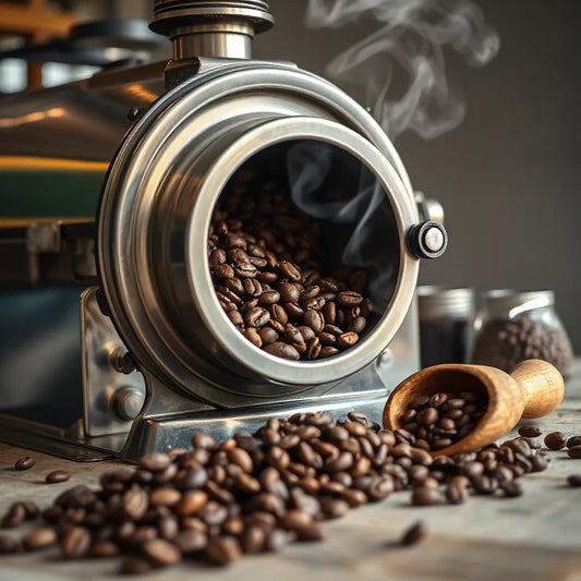 Stainless coffee roaster with beans, steam, and fresh coffee in a warm workshop setting