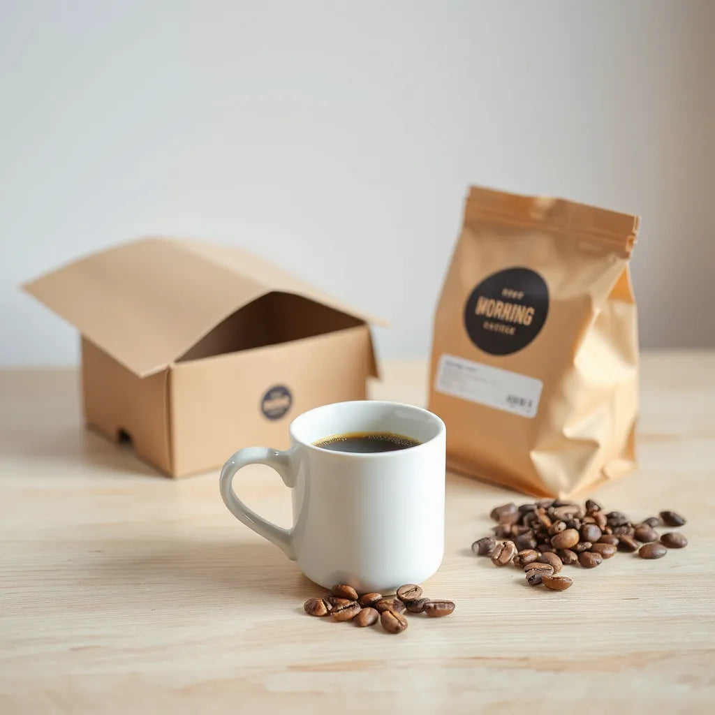 Fresh coffee mug with roasted beans and an open delivery box on a wooden table