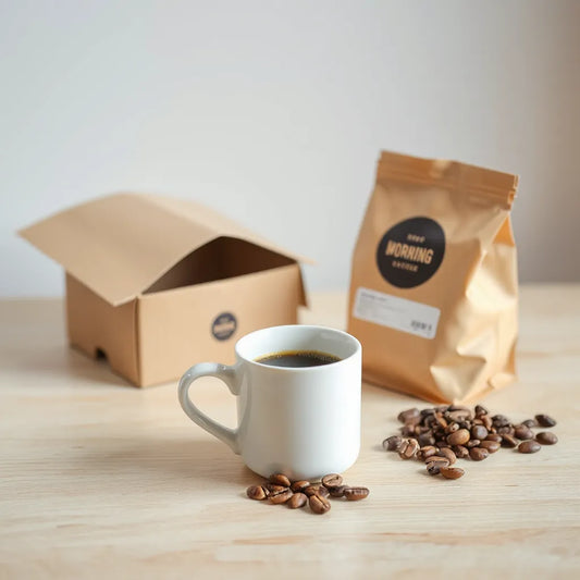 Fresh coffee mug with roasted beans and an open delivery box on a wooden table